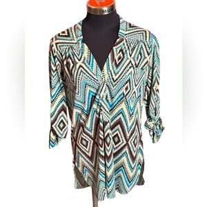 Audrey Ann  Women's Geometric Print Top - Blue and Brown